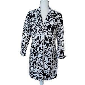 MetroStyle Floral Notched Collar Piping Lined Jacket 8 White Black Zip Pockets